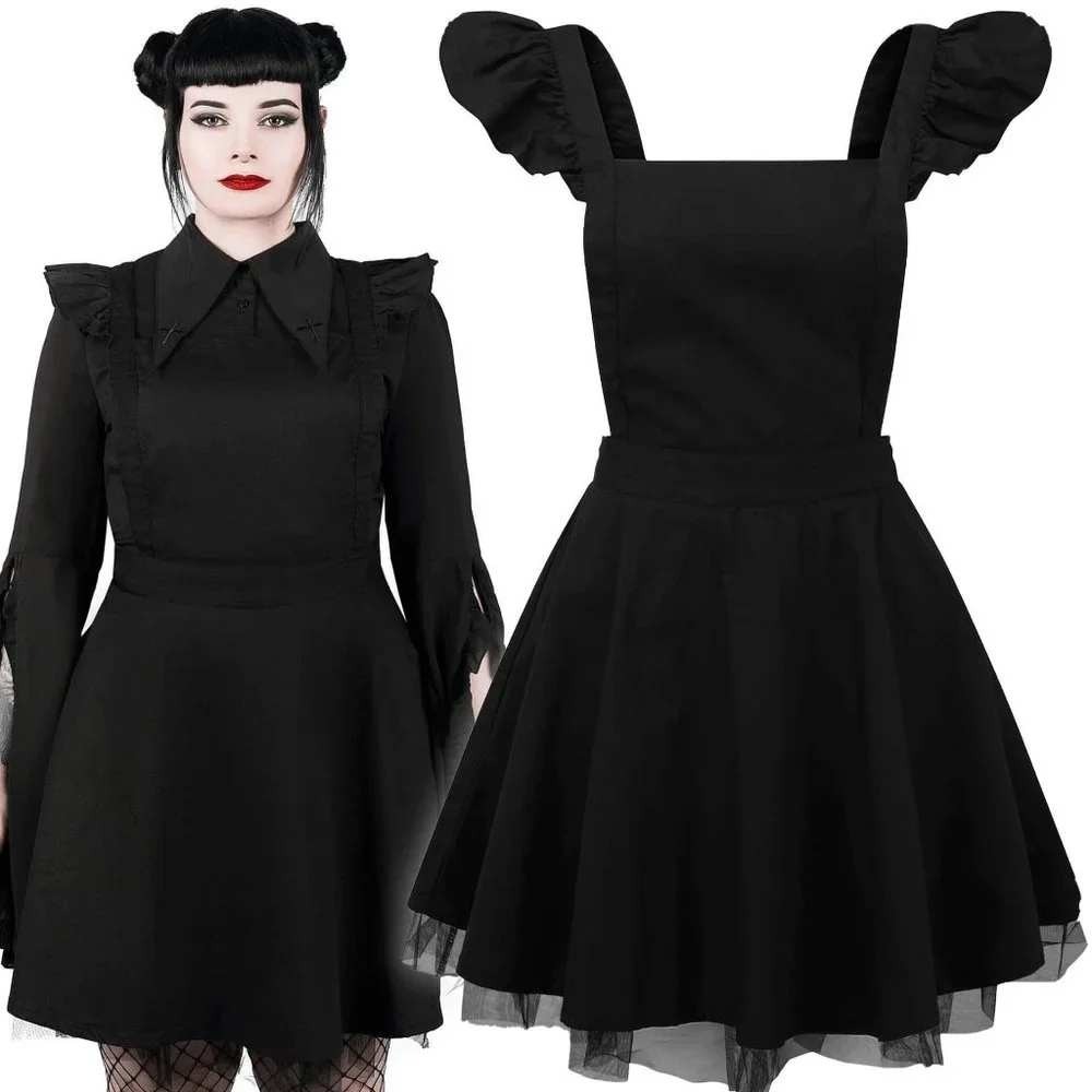 NWT Killstar Low-Lita Apron Dress M Black Gothic Lolita Pinafore Ruffle Skater